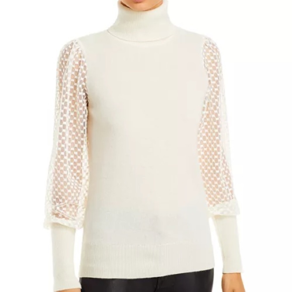 C by Bloomingdale’s Cashmere Mesh Sleeve Cashmere Turtleneck Sweater Ivory